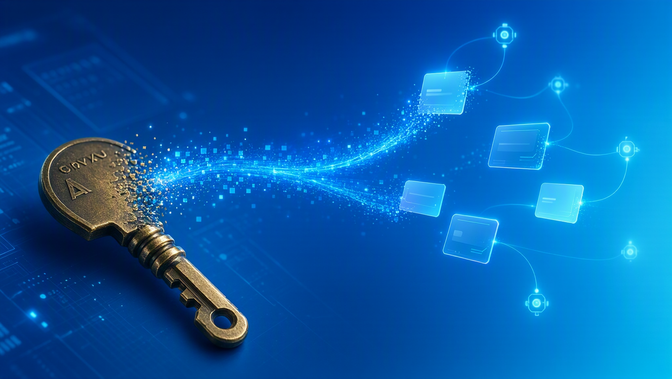 A brass API key dissolving into blue particles that reform as floating identity badges and short-lived tokens, each linked to an autonomous agent.