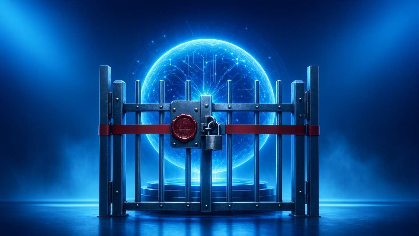 A glowing blue AI core sealed behind a locked steel gate, an export-control restriction band across it — a frontier model forced offline.