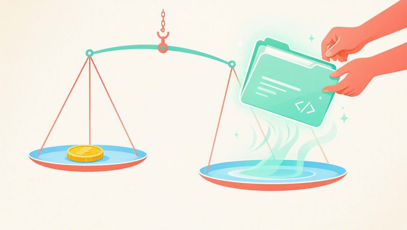 A balance scale weighing a single coin against a folder of source code being carried away