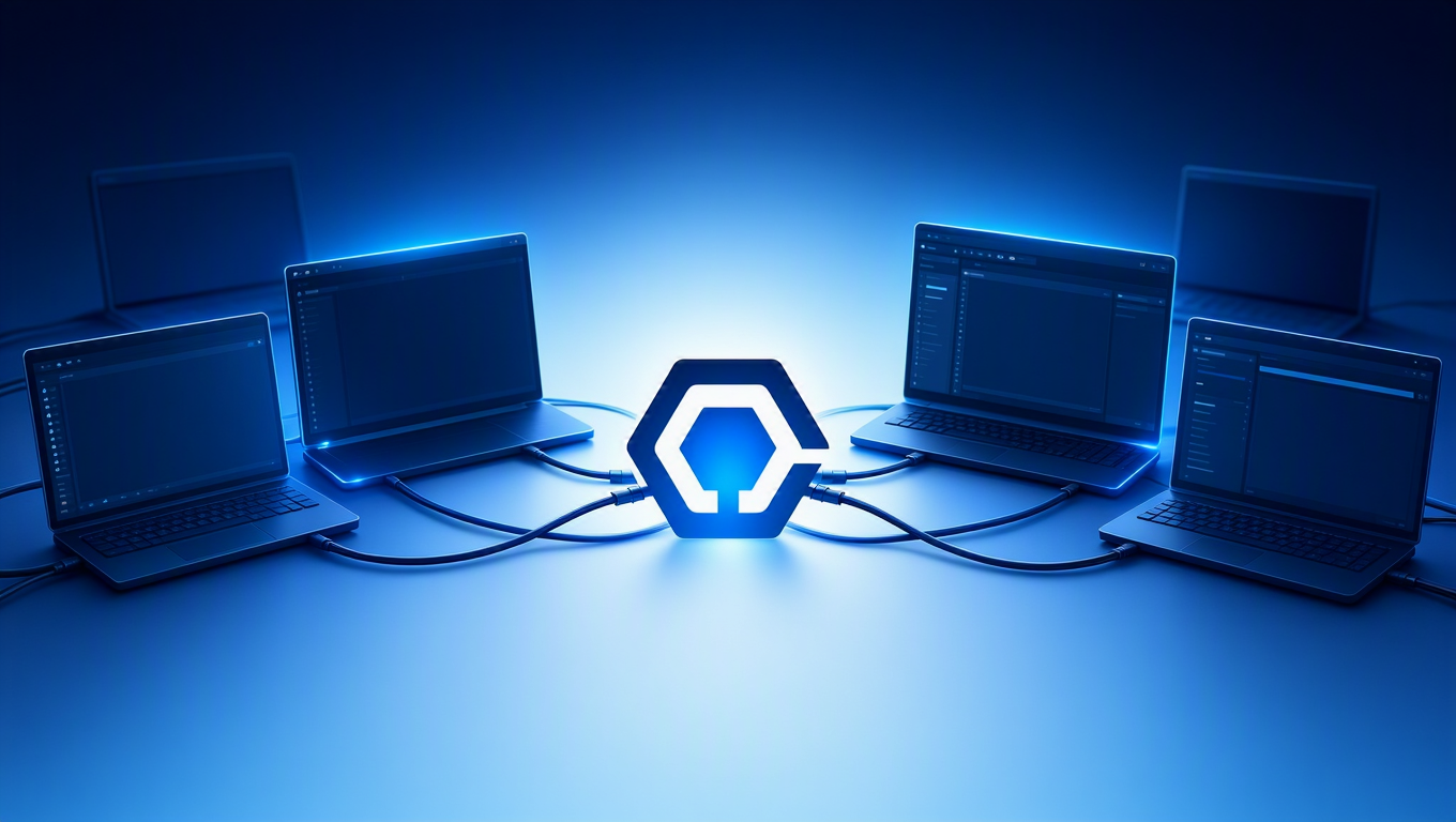 Four open-source coding tools — two terminals and two IDE panels — linked by cables to a central glowing open-source emblem, with a fifth abandoned tool dark in the background.